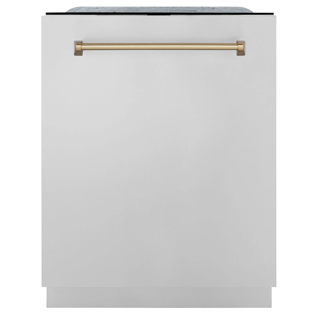 ZLINE Autograph Edition 3-Piece Appliance Package - 30" Dual Fuel Range, Wall Mounted Range Hood, & 24" Tall Tub Dishwasher in Stainless Steel with Champagne Bronze Trim (3AKP-RARHDWM30-CB)