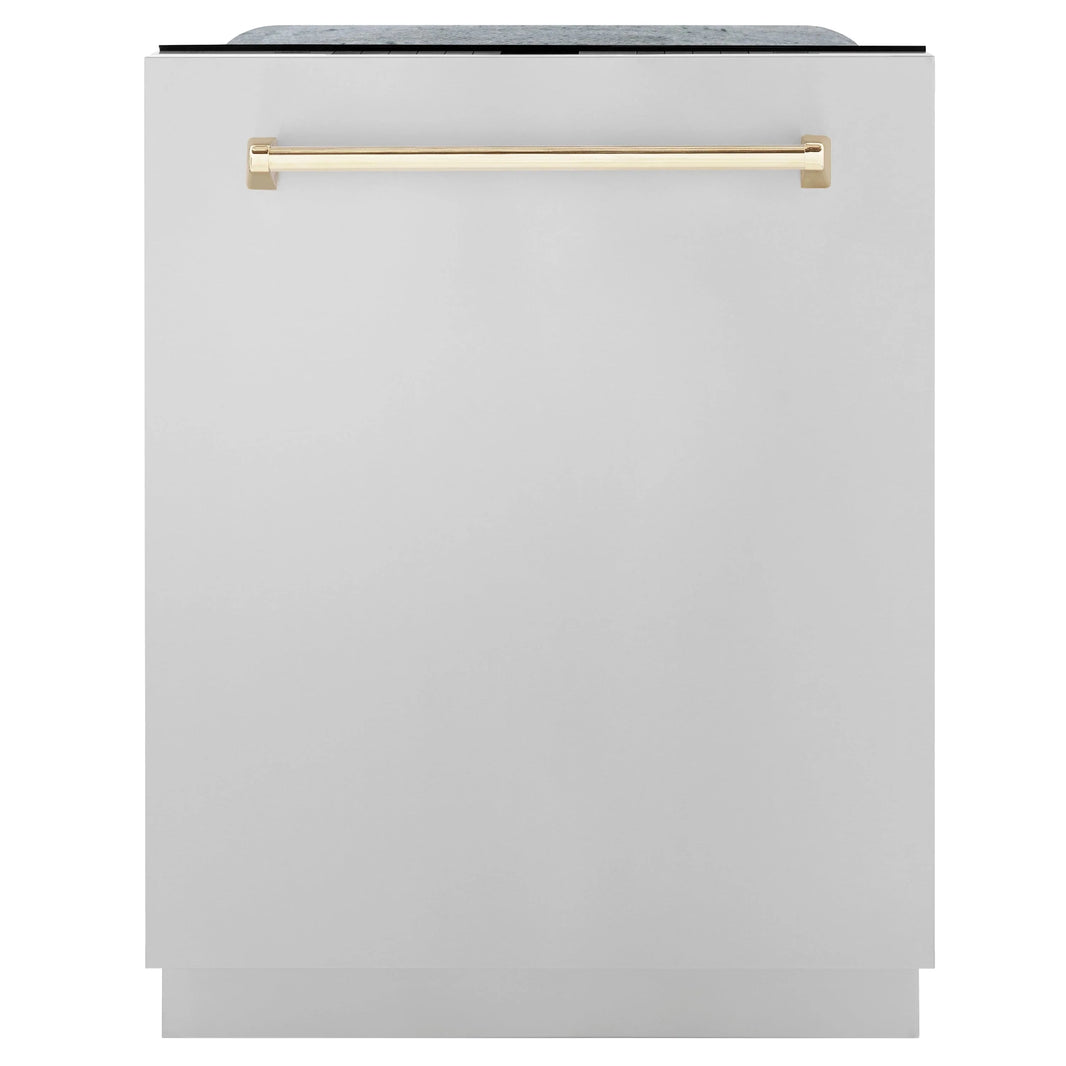 ZLINE Autograph Edition 3-Piece Appliance Package - 30" Dual Fuel Range, Wall Mounted Range Hood, & 24" Tall Tub Dishwasher in Stainless Steel with Gold Trim (3AKP-RARHDWM30-G)