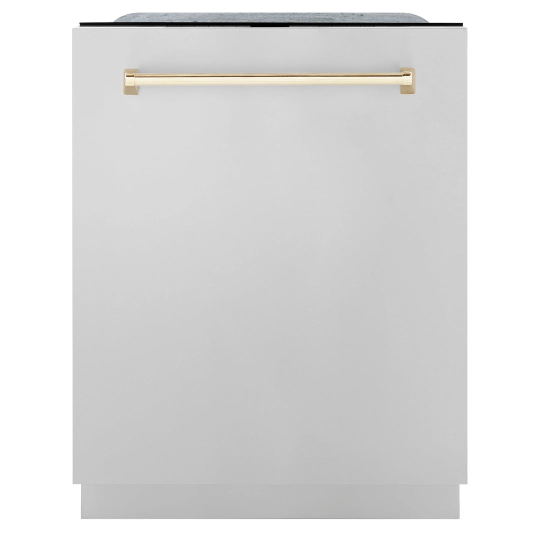 ZLINE Autograph Edition 4-Piece Appliance Package - 30" Dual Fuel Range, 36" Refrigerator, Wall Mounted Range Hood, & 24" Tall Tub Dishwasher in Stainless Steel with Gold Trim (4KAPR-RARHDWM30-G)