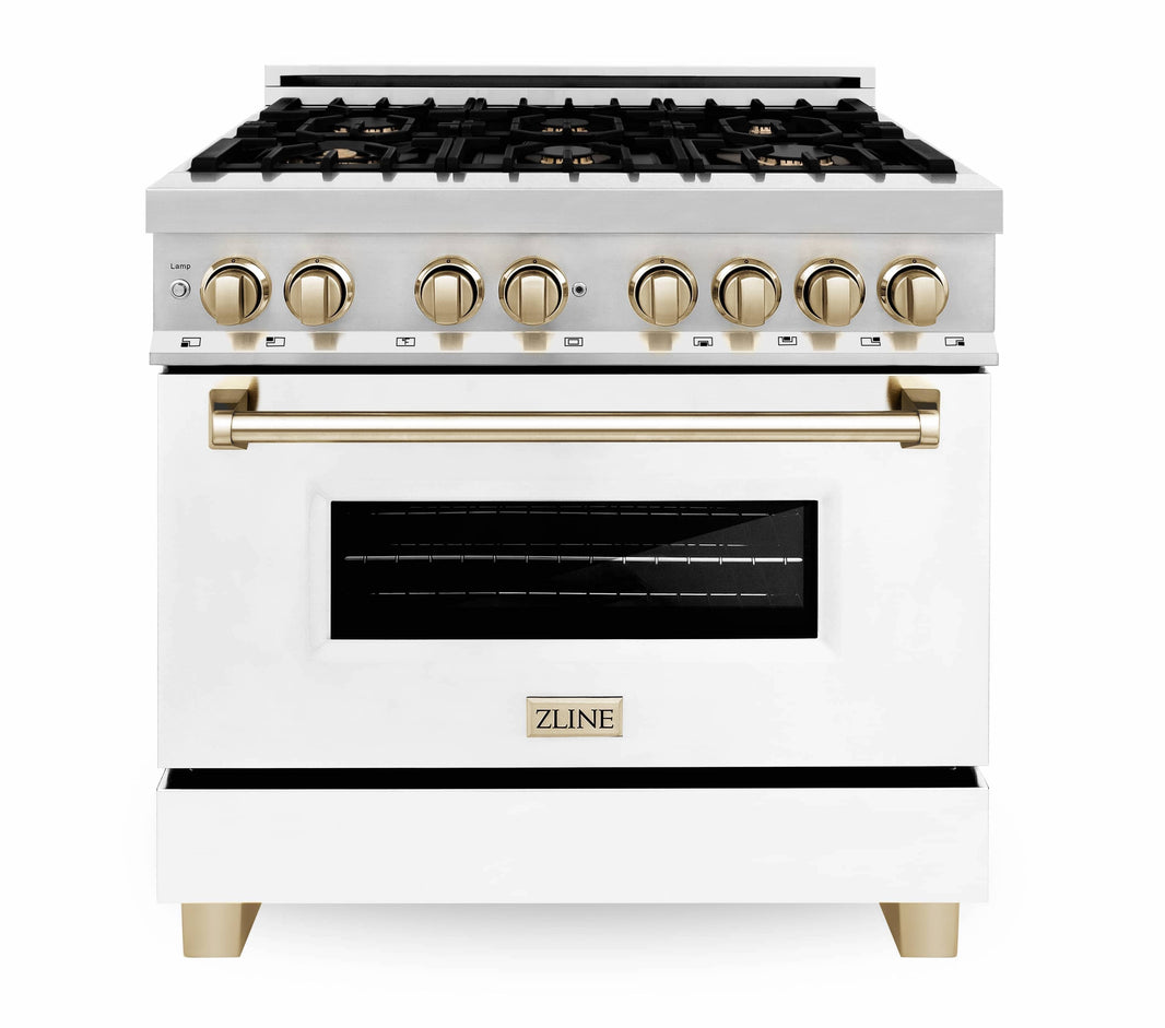 ZLINE Autograph Edition 3-Piece Appliance Package - 36" Dual Fuel Range, Wall Mounted Range Hood, & 24" Tall Tub Dishwasher in Stainless Steel and White Door with Gold Trim (3AKP-RAWMRHDWM36-G)