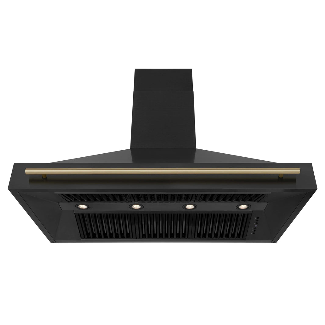 ZLINE Autograph Edition 3-Piece Appliance Package - 48" Dual Fuel Range, Wall Mounted Range Hood, & 24" Tall Tub Dishwasher in Black Stainless Steel with Champagne Bronze Trim (3AKP-RABRHDWV48-CB)