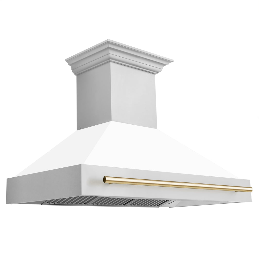 ZLINE Autograph Edition 3-Piece Appliance Package - 48" Dual Fuel Range, Wall Mounted Range Hood, & 24" Tall Tub Dishwasher in Stainless Steel and White Door with Gold Trim (3AKP-RAWMRHDWM48-G)