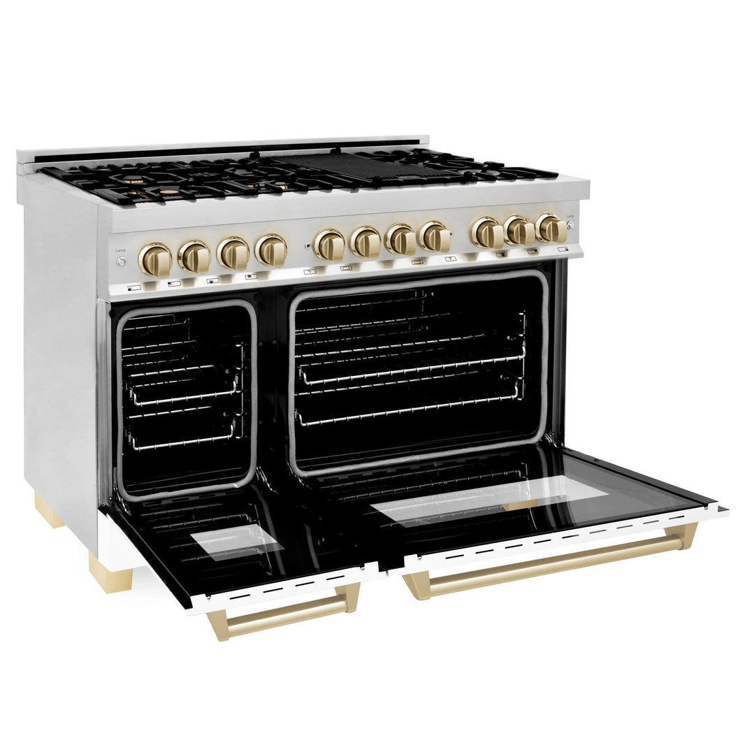 ZLINE Autograph Edition 3-Piece Appliance Package - 48" Dual Fuel Range, Wall Mounted Range Hood, & 24" Tall Tub Dishwasher in Stainless Steel and White Door with Gold Trim (3AKP-RAWMRHDWM48-G)