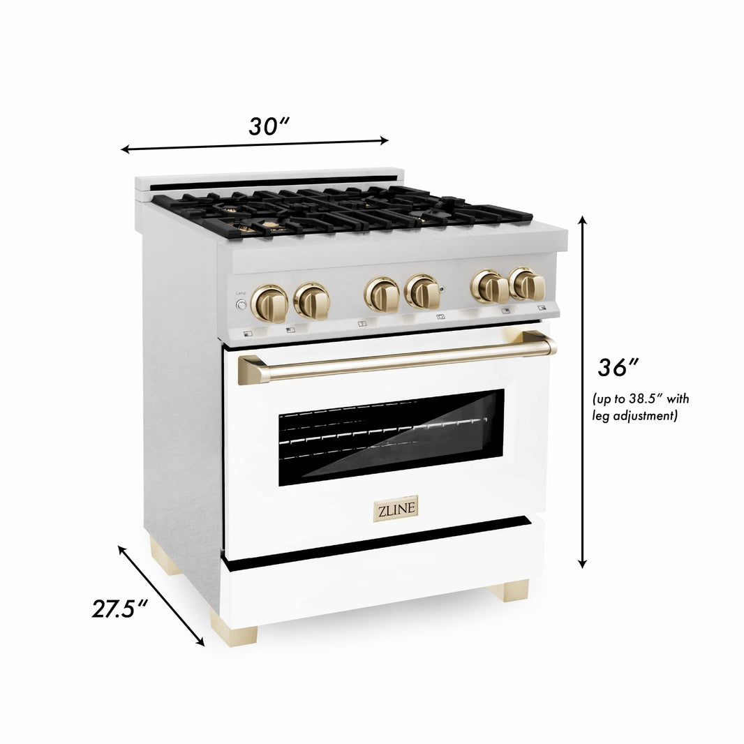 ZLINE Autograph Edition 30-Inch 4.0 cu. ft. Dual Fuel Range with Gas Stove and Electric Oven in DuraSnow Stainless Steel with White Matte Door and Gold Accents (RASZ-WM-30-G)