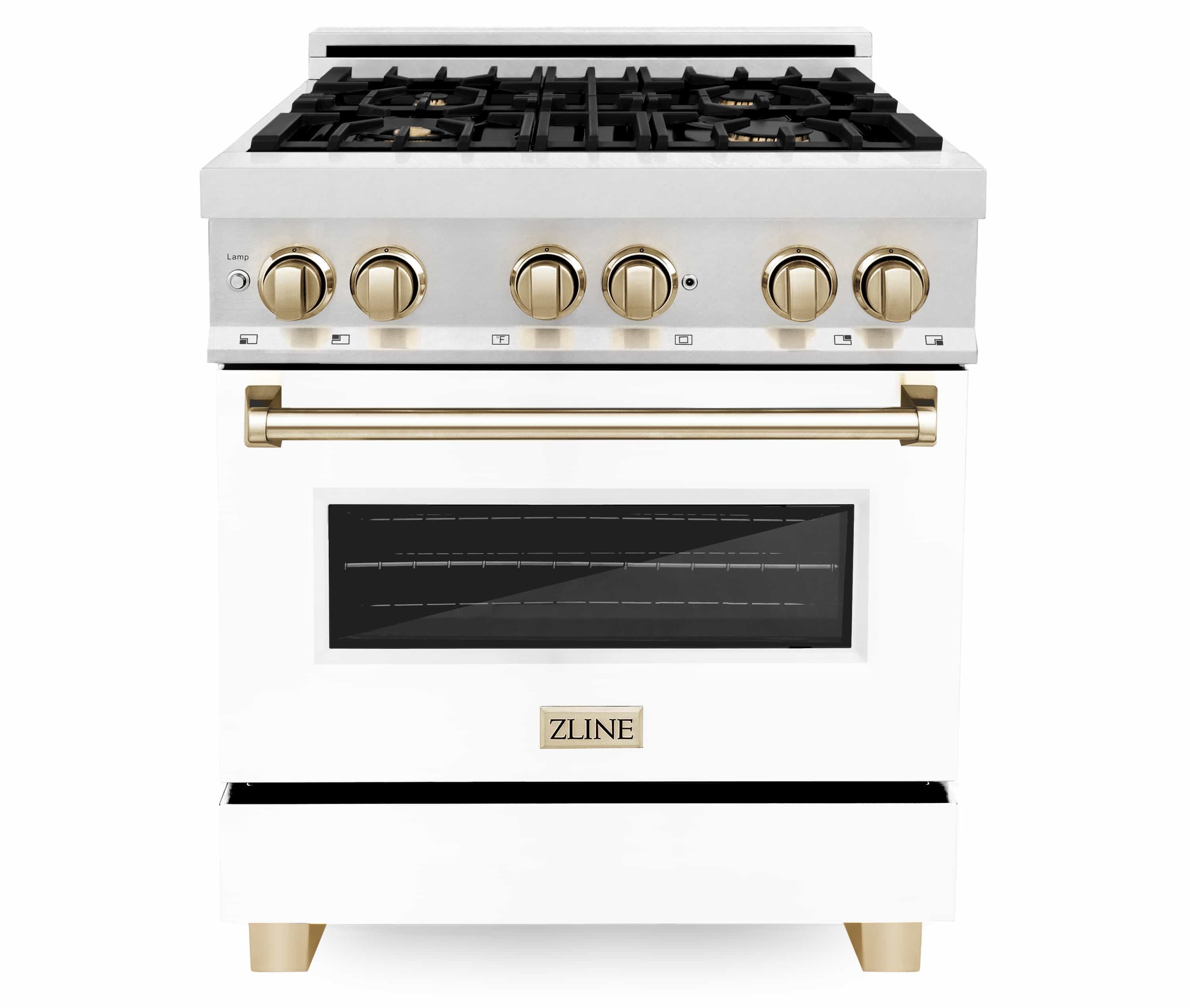 ZLINE Autograph Edition 30-Inch 4.0 cu. ft. Dual Fuel Range with Gas Stove and Electric Oven in DuraSnow Stainless Steel with White Matte Door and Gold Accents (RASZ-WM-30-G)