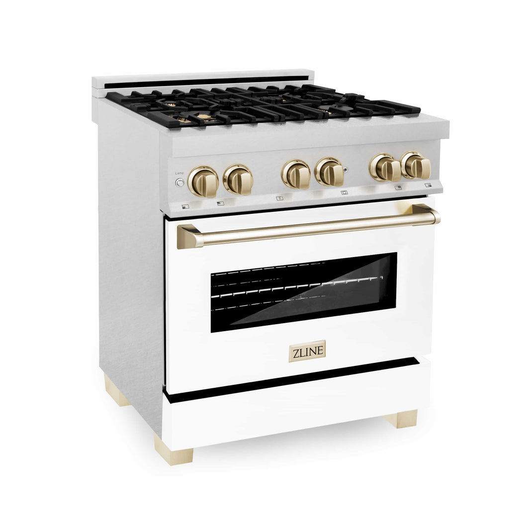 ZLINE Autograph Edition 30-Inch 4.0 cu. ft. Dual Fuel Range with Gas Stove and Electric Oven in DuraSnow Stainless Steel with White Matte Door and Gold Accents (RASZ-WM-30-G)