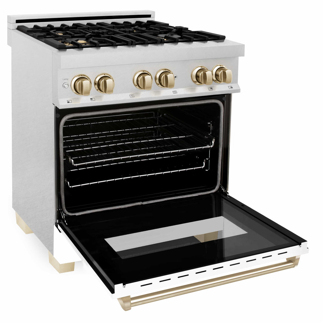 ZLINE Autograph Edition 30-Inch 4.0 cu. ft. Dual Fuel Range with Gas Stove and Electric Oven in DuraSnow Stainless Steel with White Matte Door and Gold Accents (RASZ-WM-30-G)