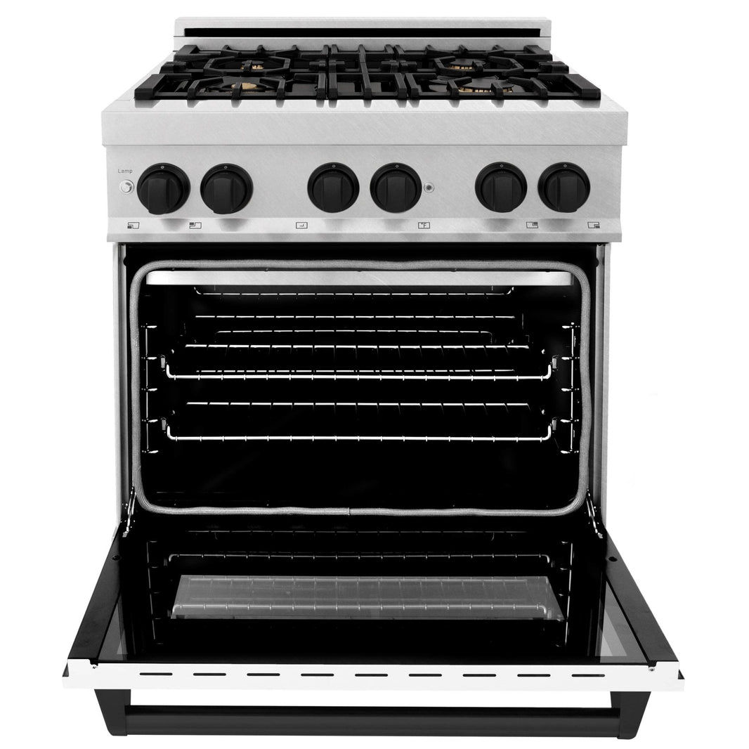 ZLINE Autograph Edition 30-Inch 4.0 cu. ft. Dual Fuel Range with Gas Stove and Electric Oven in DuraSnow® Stainless Steel with White Matte Door and Matte Black Accents (RASZ-WM-30-MB)