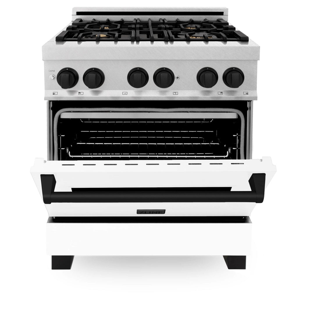 ZLINE Autograph Edition 30-Inch 4.0 cu. ft. Dual Fuel Range with Gas Stove and Electric Oven in DuraSnow® Stainless Steel with White Matte Door and Matte Black Accents (RASZ-WM-30-MB)