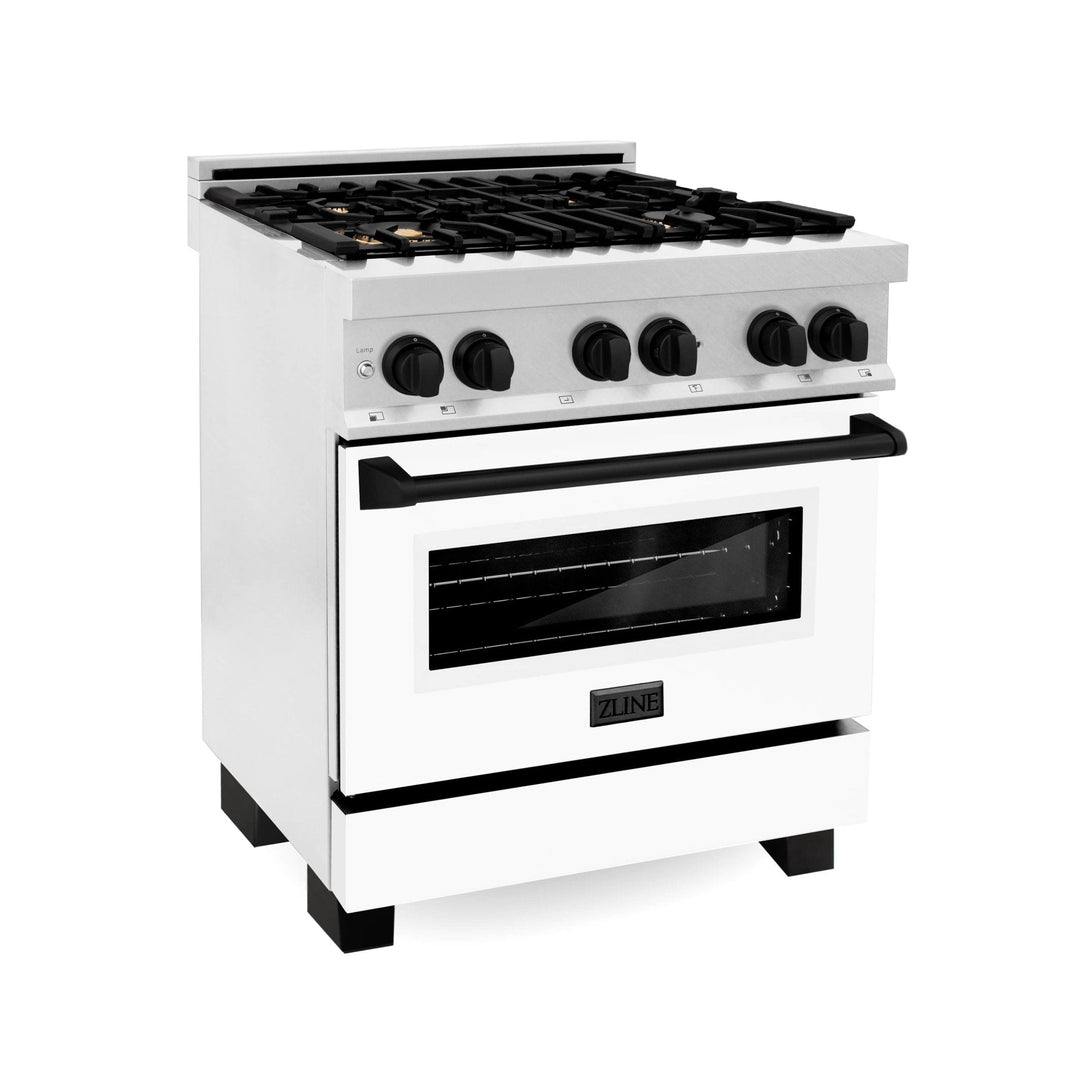 ZLINE Autograph Edition 30-Inch 4.0 cu. ft. Dual Fuel Range with Gas Stove and Electric Oven in DuraSnow® Stainless Steel with White Matte Door and Matte Black Accents (RASZ-WM-30-MB)