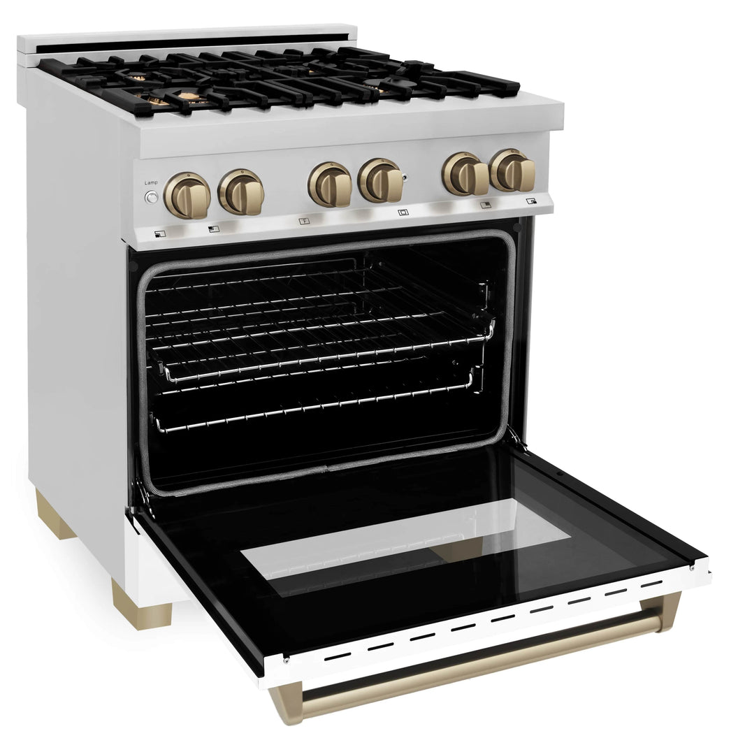 ZLINE Autograph Edition 30-Inch 4.0 cu. ft. Dual Fuel Range with Gas Stove and Electric Oven in Stainless Steel with White Matte Door and Champagne Bronze Accents (RAZ-WM-30-CB)