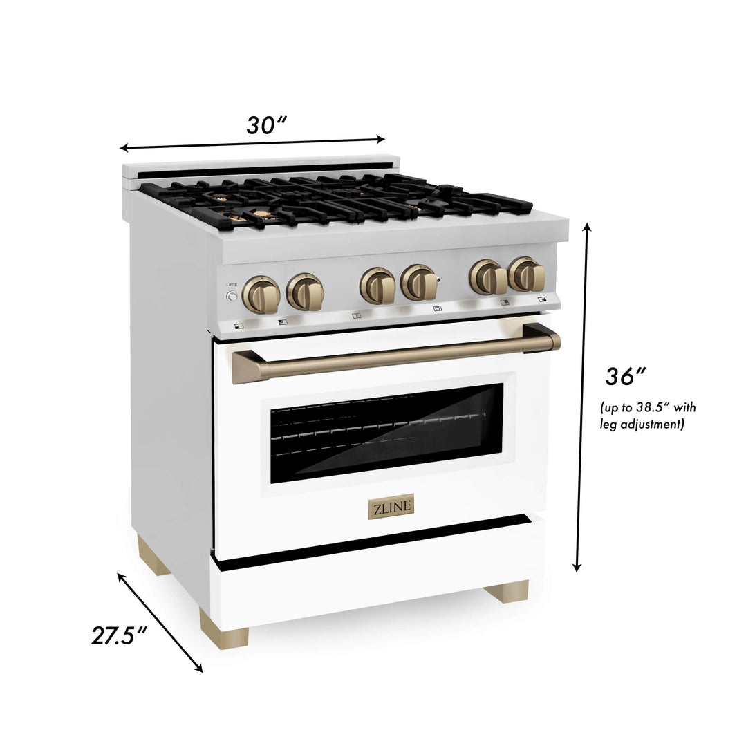 ZLINE Autograph Edition 30-Inch 4.0 cu. ft. Dual Fuel Range with Gas Stove and Electric Oven in Stainless Steel with White Matte Door and Champagne Bronze Accents (RAZ-WM-30-CB)