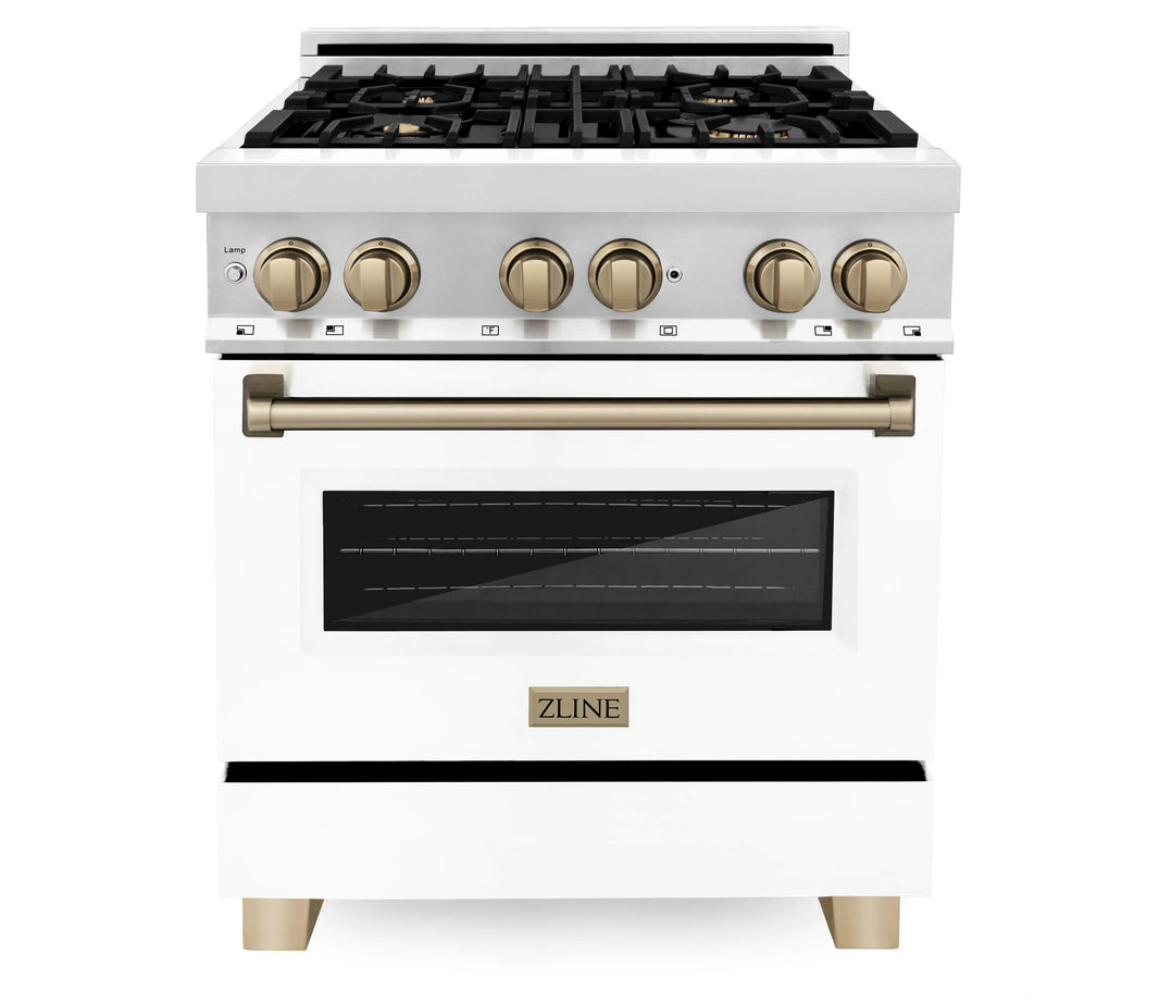 ZLINE Autograph Edition 30-Inch 4.0 cu. ft. Dual Fuel Range with Gas Stove and Electric Oven in Stainless Steel with White Matte Door and Champagne Bronze Accents (RAZ-WM-30-CB)