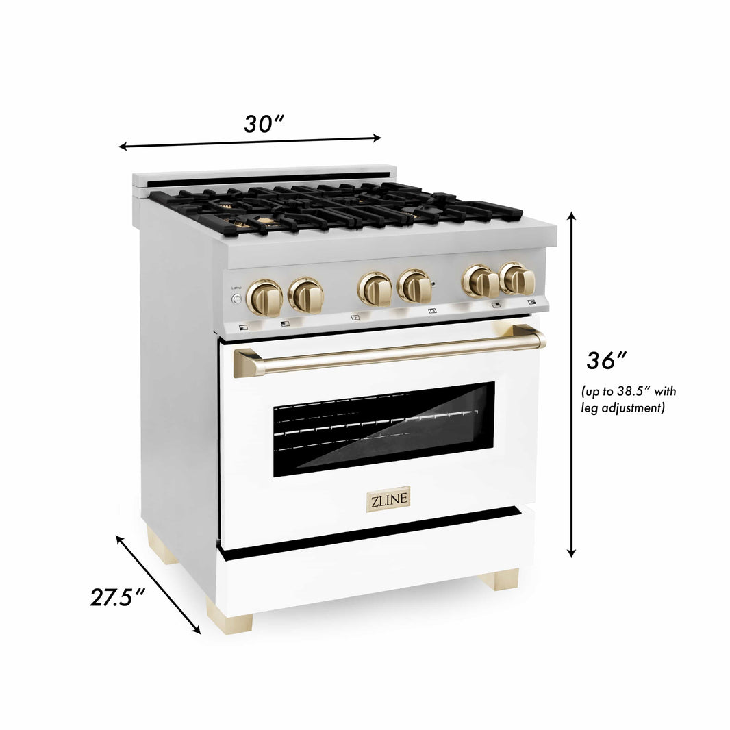 ZLINE Autograph Edition 30-Inch 4.0 cu. ft. Dual Fuel Range with Gas Stove and Electric Oven in Stainless Steel with White Matte Door and Gold Accents (RAZ-WM-30-G)