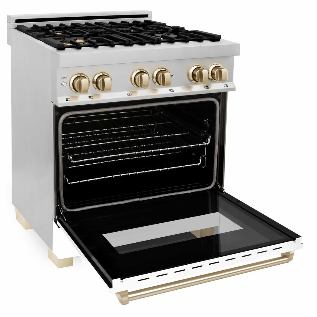 ZLINE Autograph Edition 30-Inch 4.0 cu. ft. Dual Fuel Range with Gas Stove and Electric Oven in Stainless Steel with White Matte Door and Gold Accents (RAZ-WM-30-G)