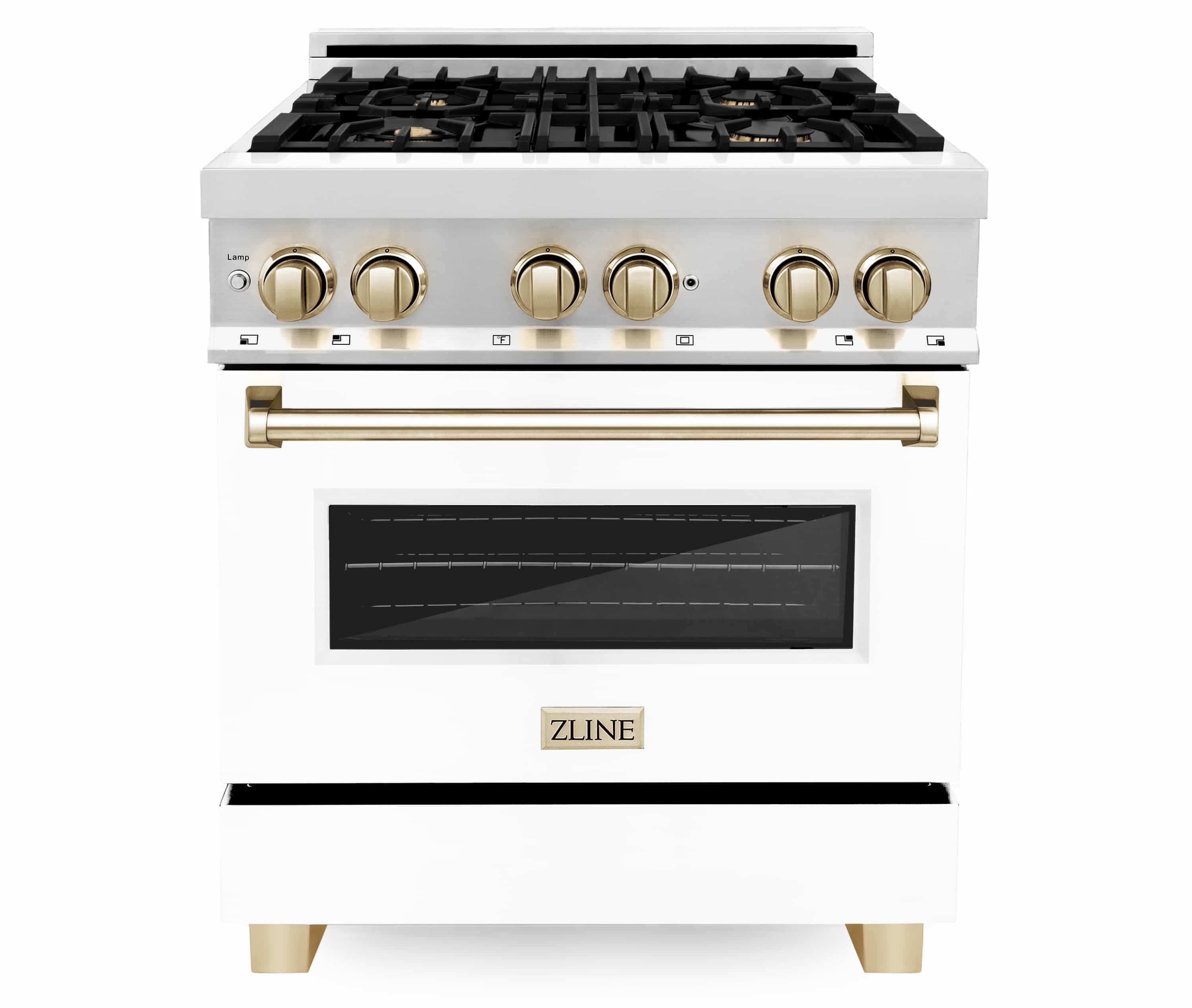 ZLINE Autograph Edition 30-Inch 4.0 cu. ft. Dual Fuel Range with Gas Stove and Electric Oven in Stainless Steel with White Matte Door and Gold Accents (RAZ-WM-30-G)