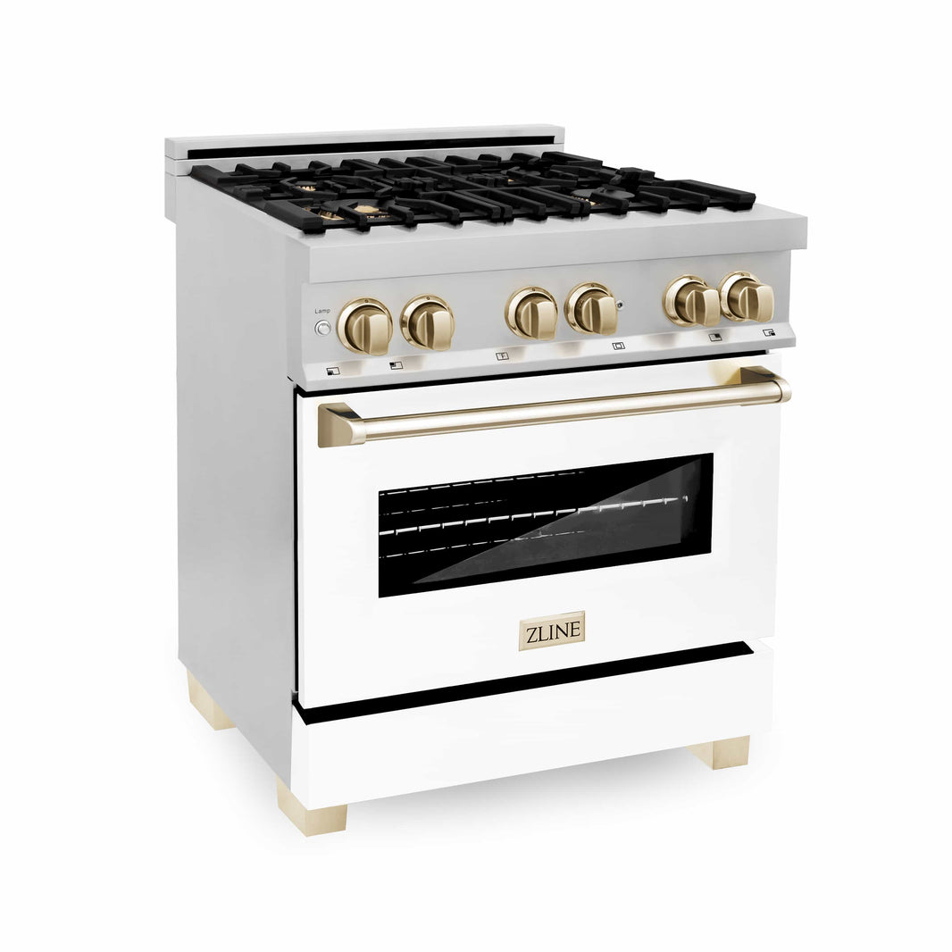 ZLINE Autograph Edition 30-Inch 4.0 cu. ft. Dual Fuel Range with Gas Stove and Electric Oven in Stainless Steel with White Matte Door and Gold Accents (RAZ-WM-30-G)