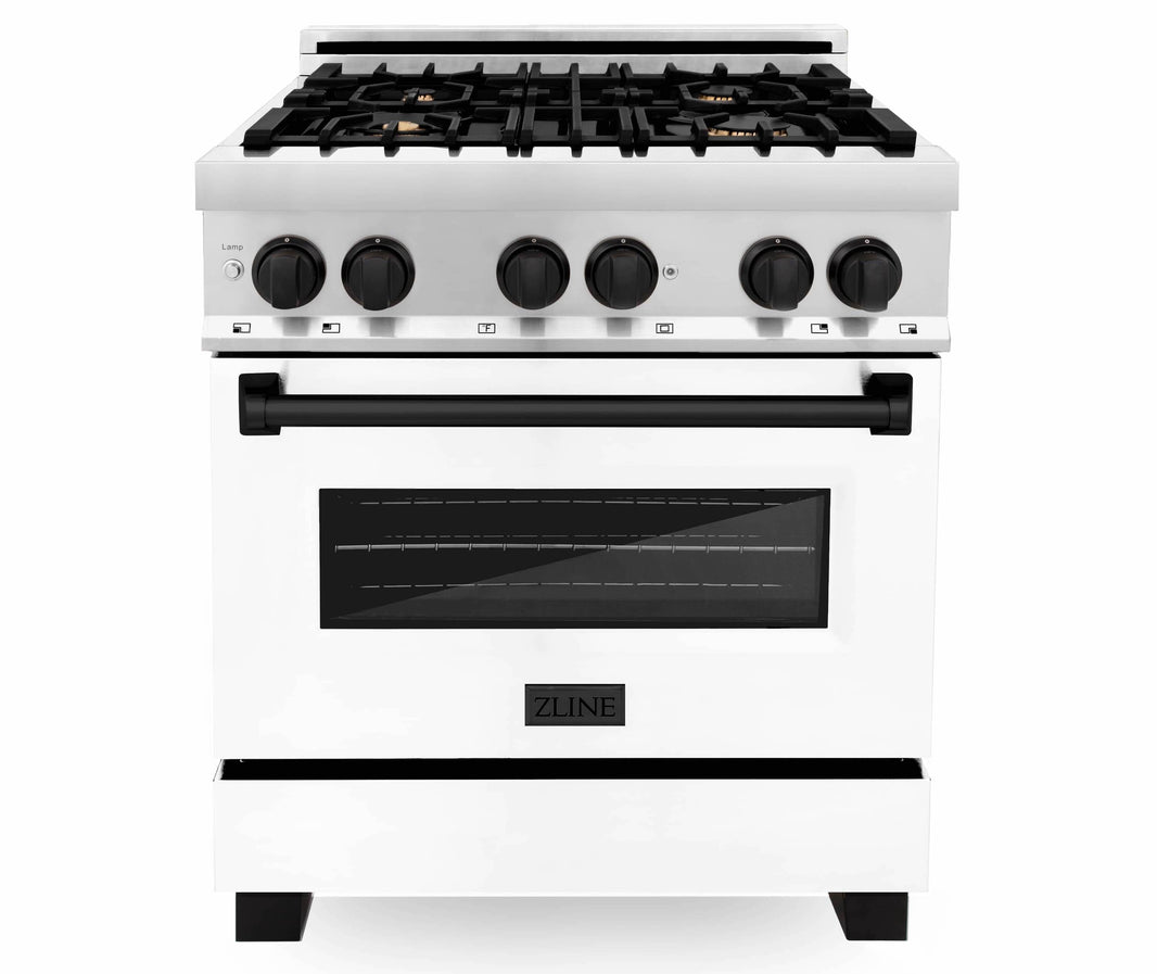 ZLINE Autograph Edition 30-Inch 4.0 cu. ft. Dual Fuel Range with Gas Stove and Electric Oven in Stainless Steel with White Matte Door and Matte Black Accents (RAZ-WM-30-MB)