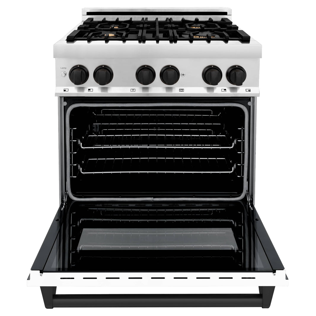 ZLINE Autograph Edition 30-Inch 4.0 cu. ft. Dual Fuel Range with Gas Stove and Electric Oven in Stainless Steel with White Matte Door and Matte Black Accents (RAZ-WM-30-MB)