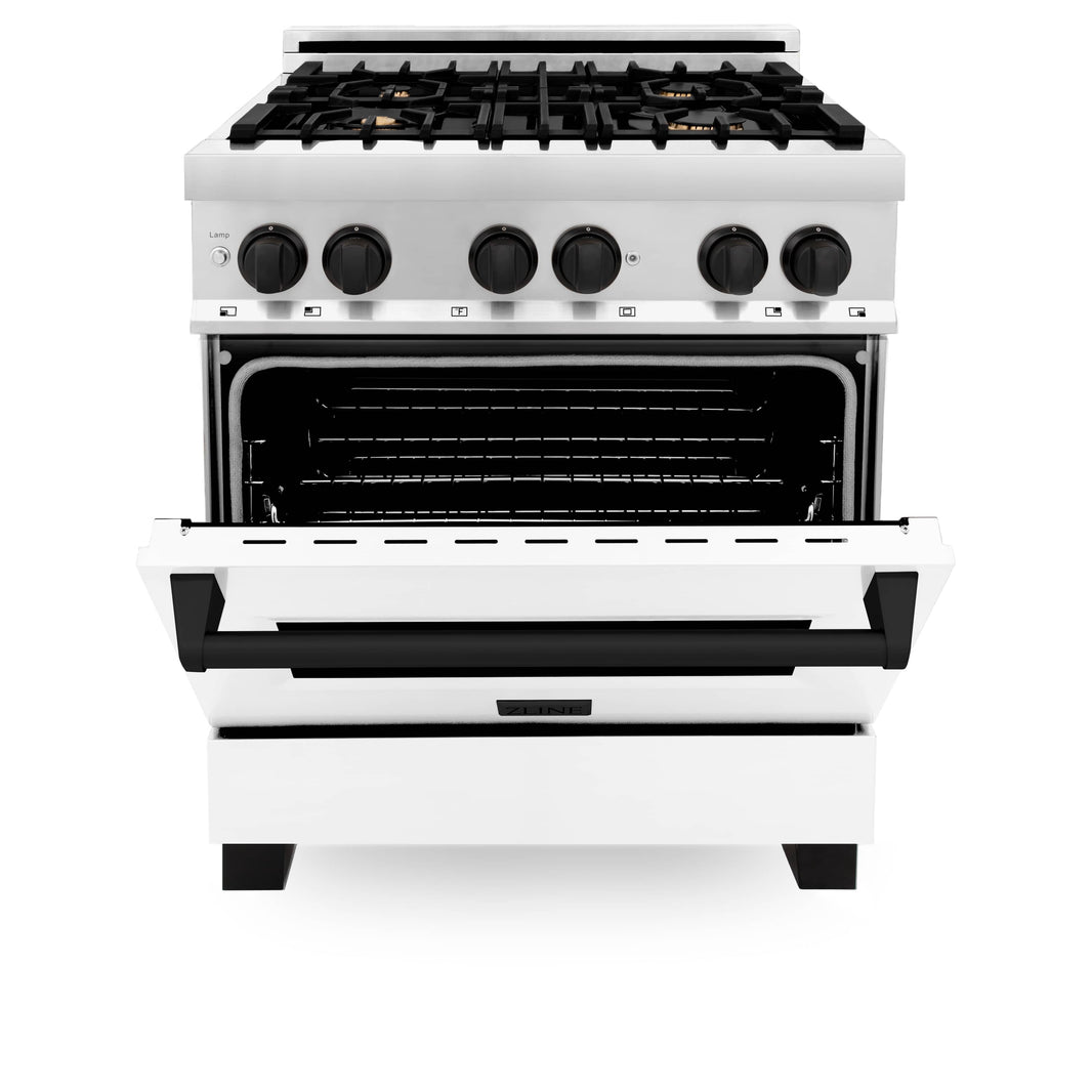 ZLINE Autograph Edition 30-Inch 4.0 cu. ft. Dual Fuel Range with Gas Stove and Electric Oven in Stainless Steel with White Matte Door and Matte Black Accents (RAZ-WM-30-MB)