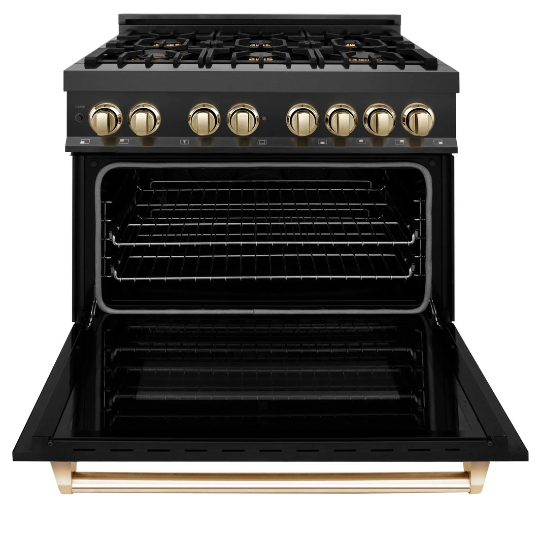 ZLINE Autograph Edition 2-Piece Appliance Package - 36" Dual Fuel Range & Wall Mounted Range Hood in Black Stainless Steel with Gold Trim (2AKP-RABRH36-G)