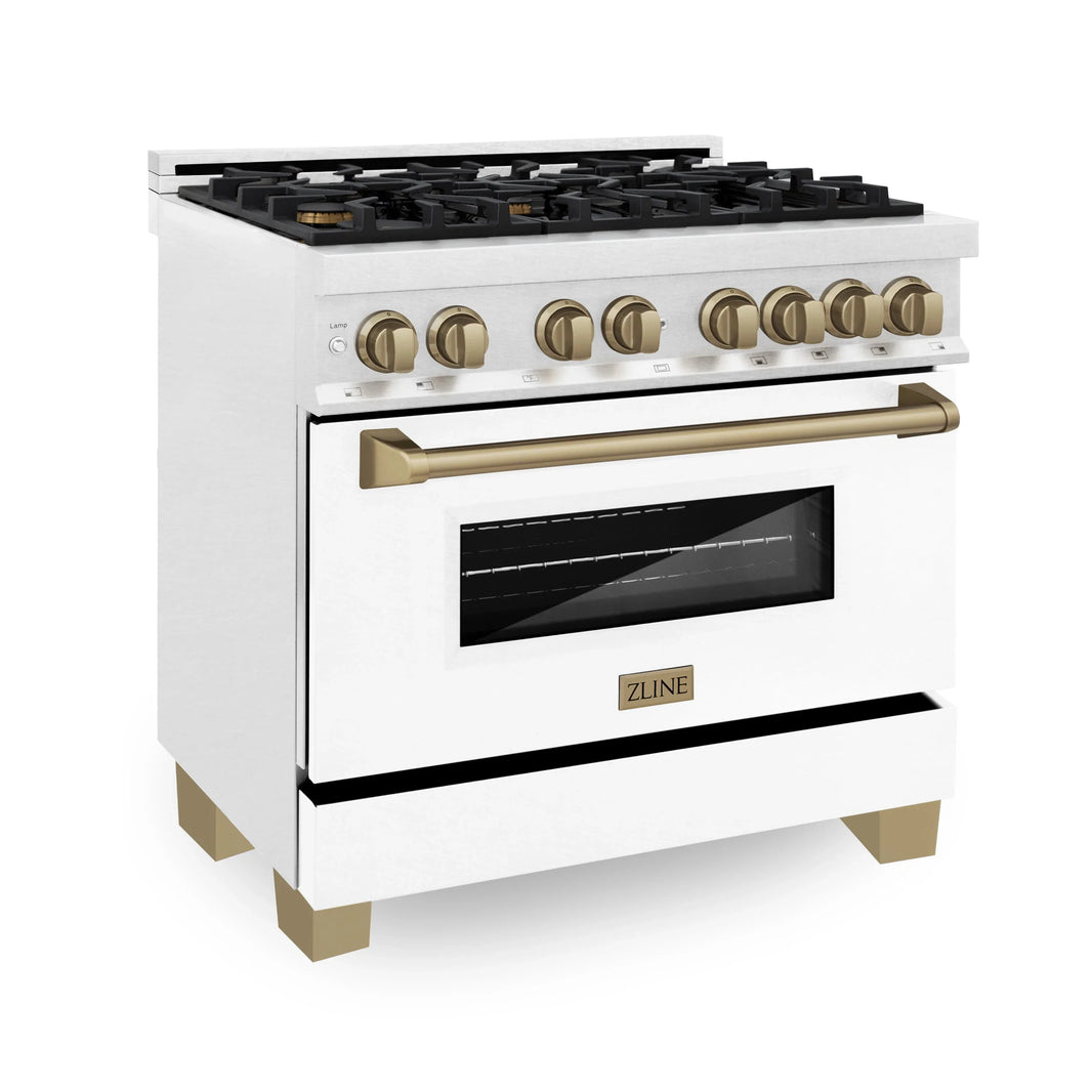 ZLINE Autograph Edition 36-Inch 4.6 cu. ft. Dual Fuel Range with Gas Stove and Electric Oven in DuraSnow® Stainless Steel with White Matte Door and Champagne Bronze Accents (RASZ-WM-36-CB)