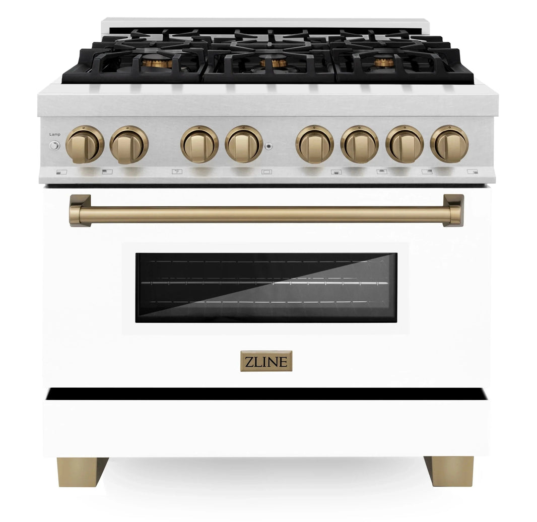 ZLINE Autograph Edition 36-Inch 4.6 cu. ft. Dual Fuel Range with Gas Stove and Electric Oven in DuraSnow® Stainless Steel with White Matte Door and Champagne Bronze Accents (RASZ-WM-36-CB)