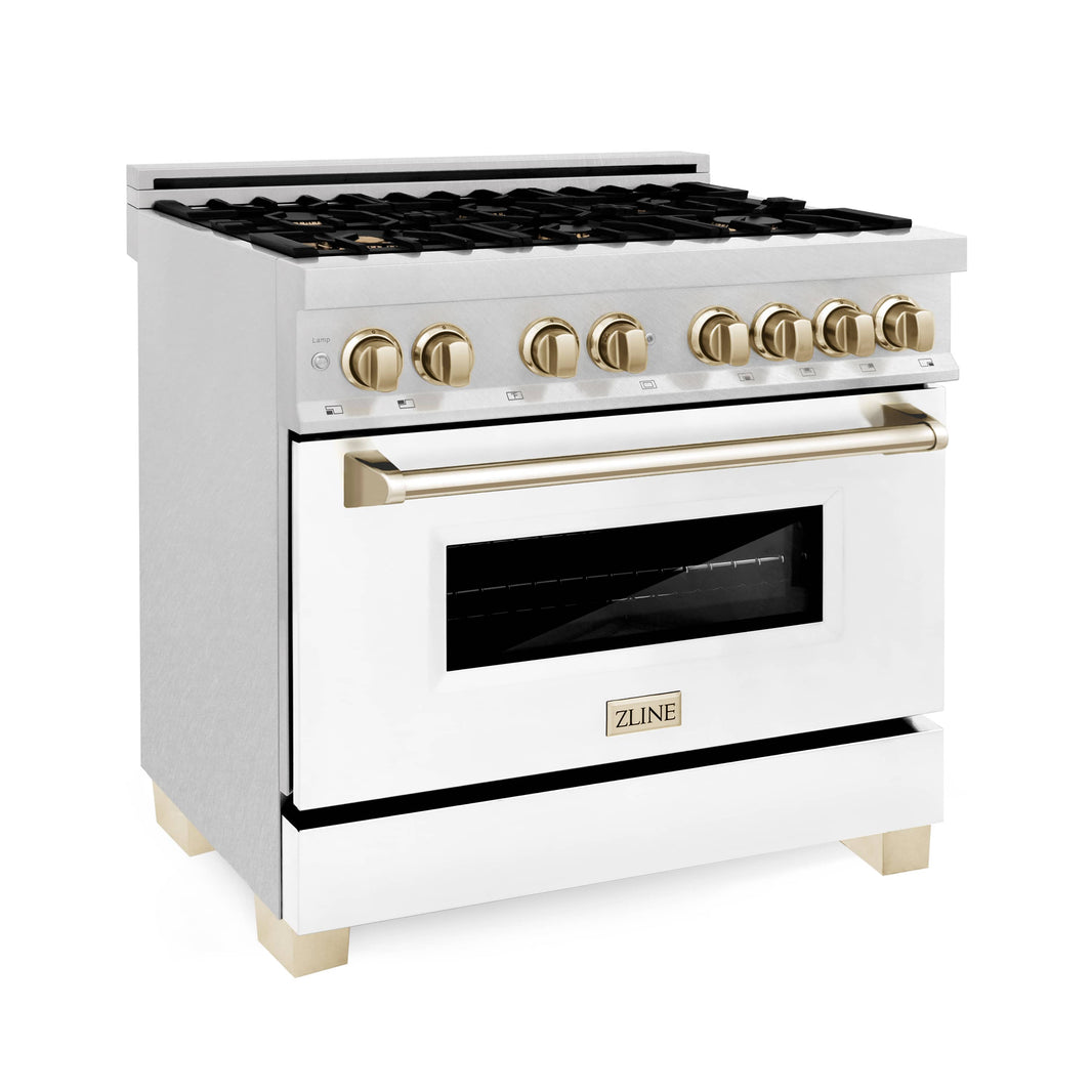 ZLINE Autograph Edition 36-Inch 4.6 cu. ft. Dual Fuel Range with Gas Stove and Electric Oven in DuraSnow® Stainless Steel with White Matte Door and Gold Accents (RASZ-WM-36-G)