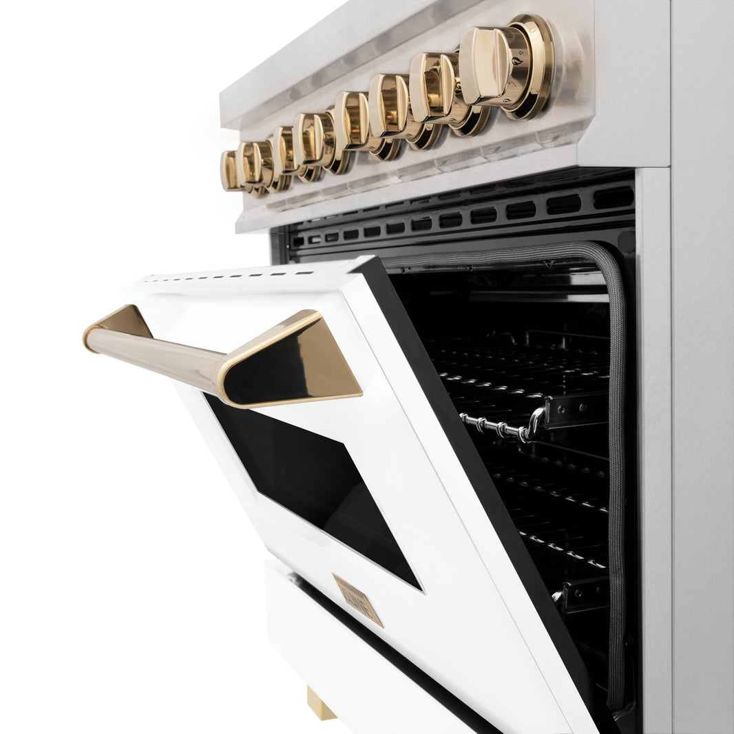 ZLINE Autograph Edition 36-Inch 4.6 cu. ft. Dual Fuel Range with Gas Stove and Electric Oven in DuraSnow® Stainless Steel with White Matte Door and Gold Accents (RASZ-WM-36-G)