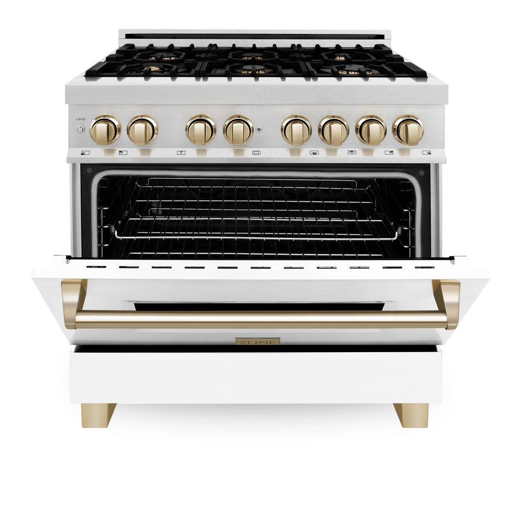 ZLINE Autograph Edition 36-Inch 4.6 cu. ft. Dual Fuel Range with Gas Stove and Electric Oven in DuraSnow® Stainless Steel with White Matte Door and Gold Accents (RASZ-WM-36-G)