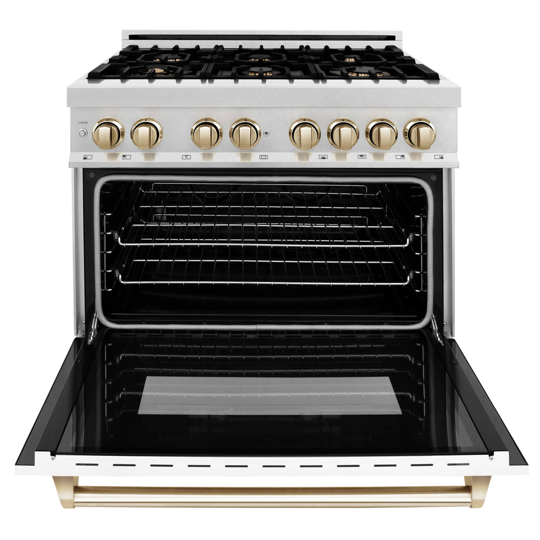 ZLINE Autograph Edition 36-Inch 4.6 cu. ft. Dual Fuel Range with Gas Stove and Electric Oven in DuraSnow® Stainless Steel with White Matte Door and Gold Accents (RASZ-WM-36-G)