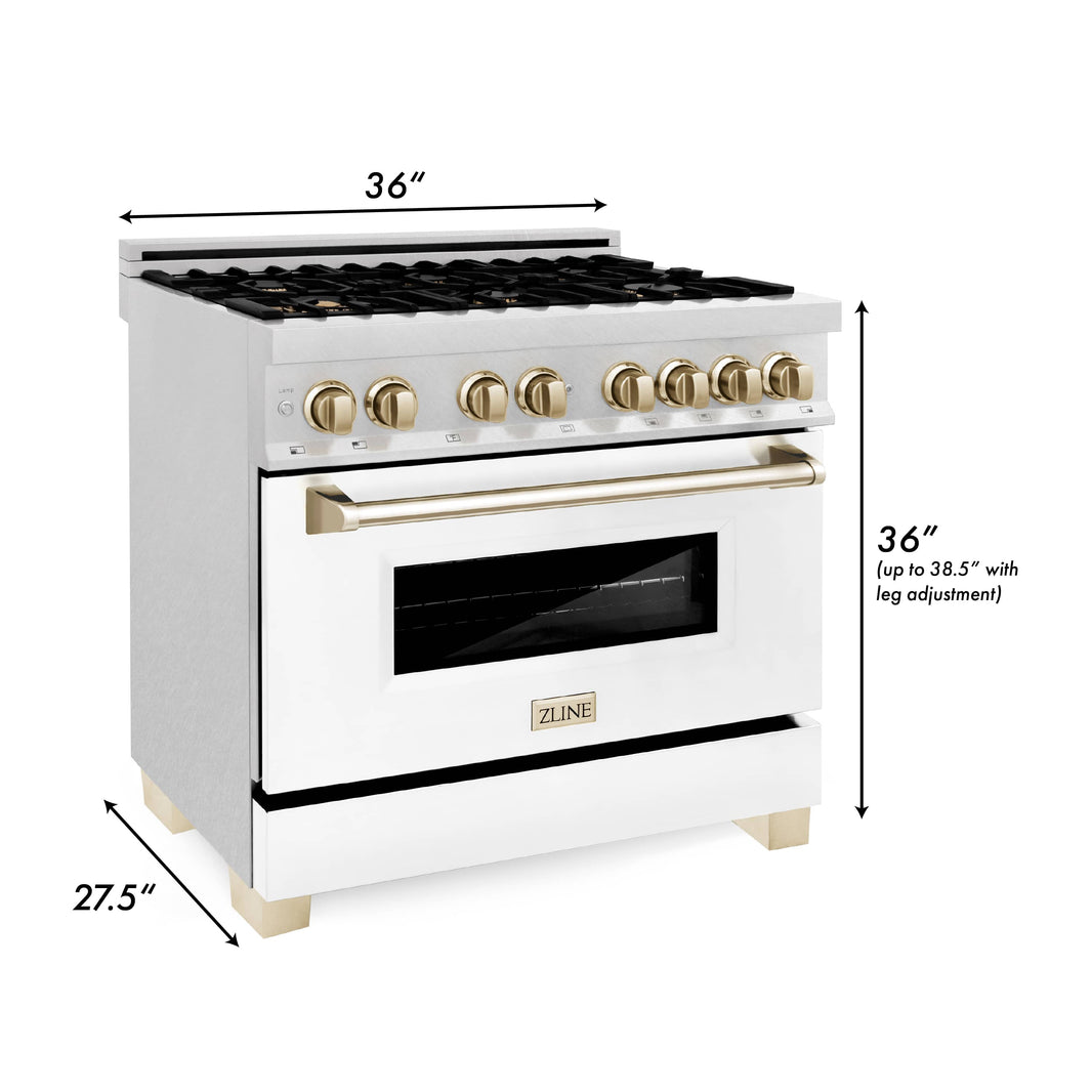 ZLINE Autograph Edition 36-Inch 4.6 cu. ft. Dual Fuel Range with Gas Stove and Electric Oven in DuraSnow® Stainless Steel with White Matte Door and Gold Accents (RASZ-WM-36-G)