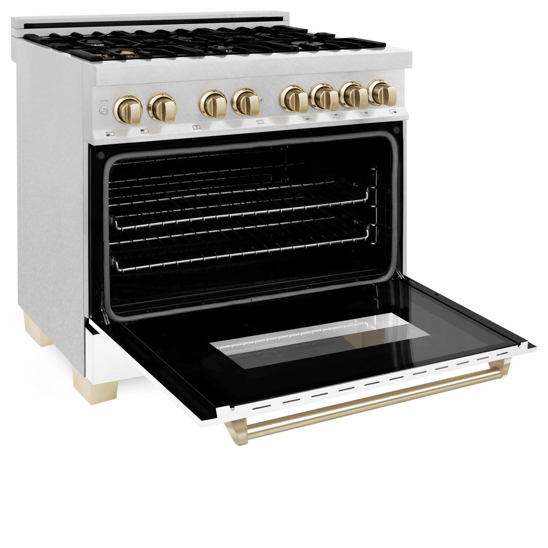 ZLINE Autograph Edition 36-Inch 4.6 cu. ft. Dual Fuel Range with Gas Stove and Electric Oven in DuraSnow® Stainless Steel with White Matte Door and Gold Accents (RASZ-WM-36-G)