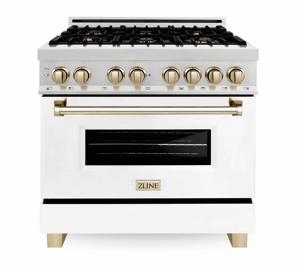 ZLINE Autograph Edition 36-Inch 4.6 cu. ft. Dual Fuel Range with Gas Stove and Electric Oven in DuraSnow® Stainless Steel with White Matte Door and Gold Accents (RASZ-WM-36-G)