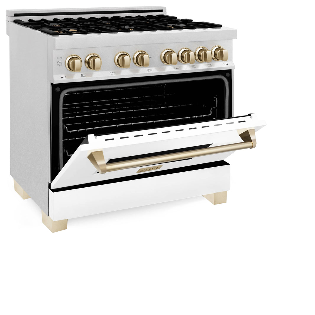 ZLINE Autograph Edition 36-Inch 4.6 cu. ft. Dual Fuel Range with Gas Stove and Electric Oven in DuraSnow® Stainless Steel with White Matte Door and Gold Accents (RASZ-WM-36-G)