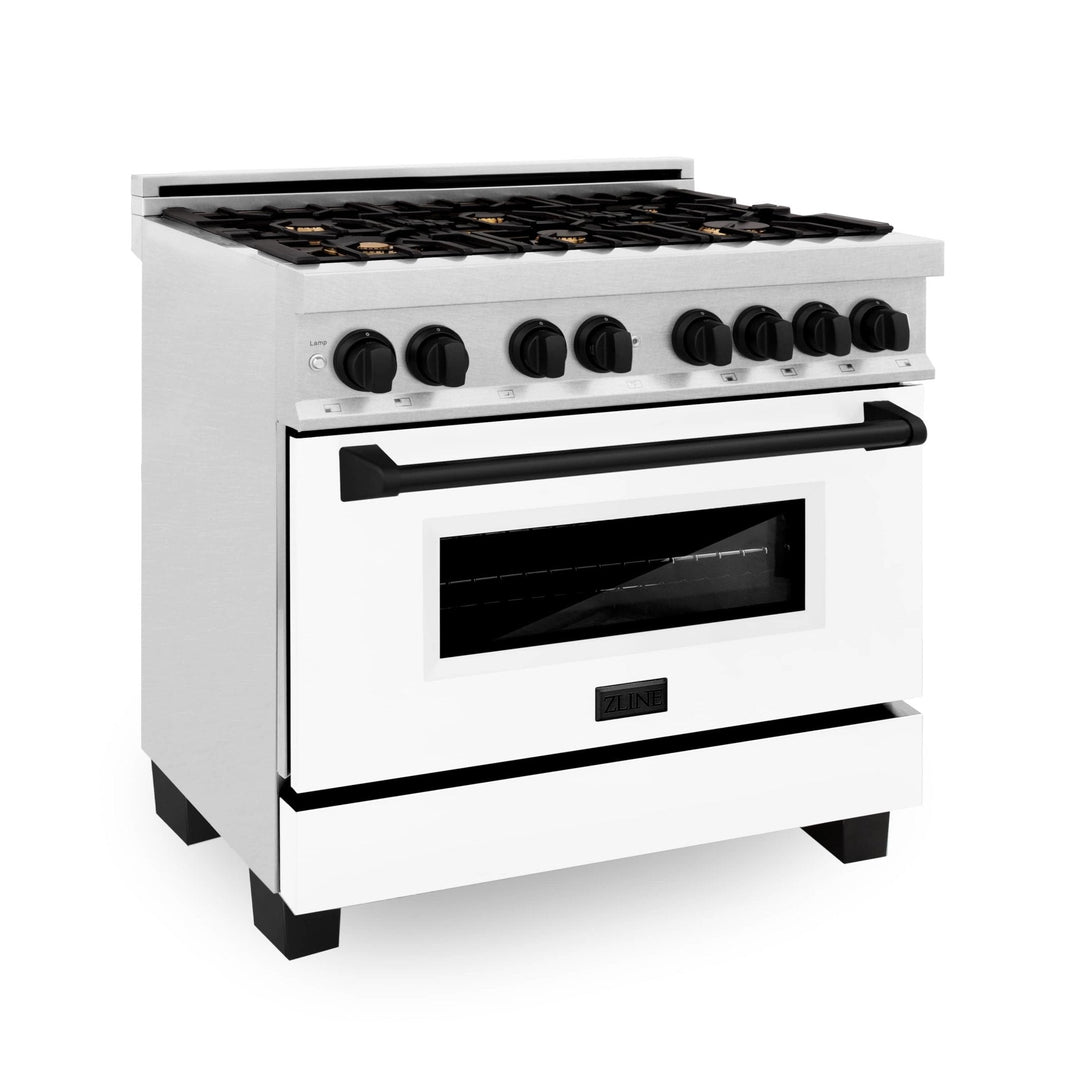 ZLINE Autograph Edition 36-Inch 4.6 cu. ft. Dual Fuel Range with Gas Stove and Electric Oven in DuraSnow® Stainless Steel with White Matte Door and Matte Black Accents (RASZ-WM-36-MB)