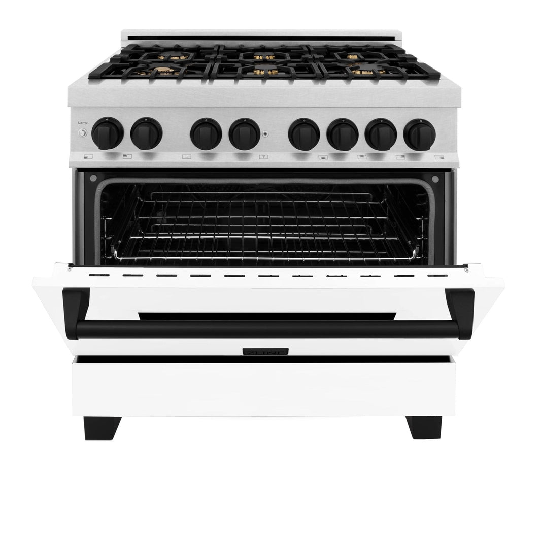 ZLINE Autograph Edition 36-Inch 4.6 cu. ft. Dual Fuel Range with Gas Stove and Electric Oven in DuraSnow® Stainless Steel with White Matte Door and Matte Black Accents (RASZ-WM-36-MB)