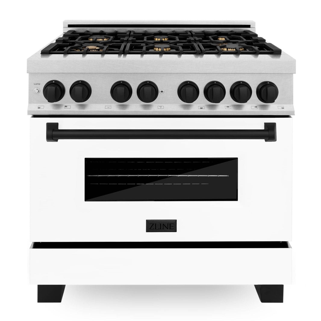 ZLINE Autograph Edition 36-Inch 4.6 cu. ft. Dual Fuel Range with Gas Stove and Electric Oven in DuraSnow® Stainless Steel with White Matte Door and Matte Black Accents (RASZ-WM-36-MB)