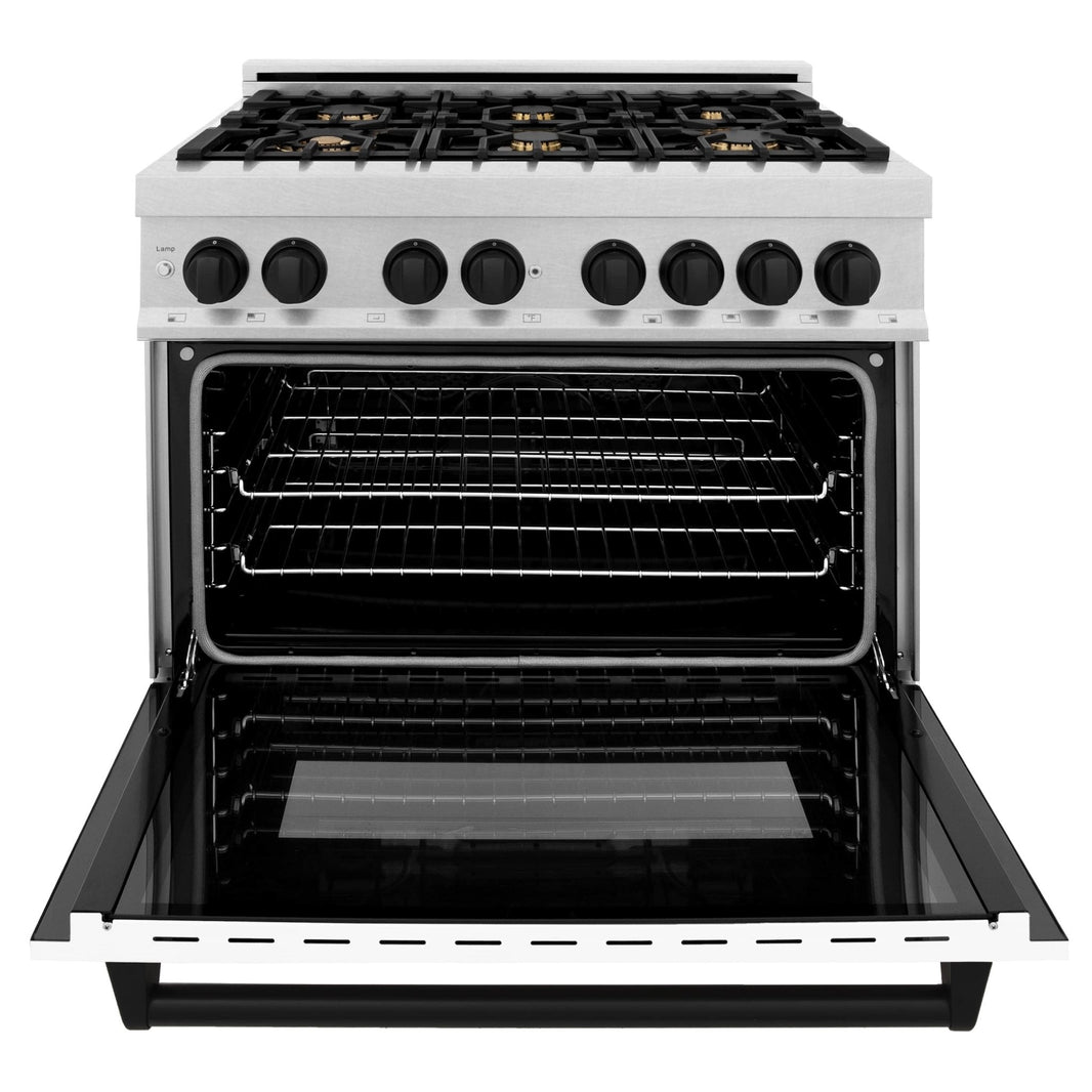 ZLINE Autograph Edition 36-Inch 4.6 cu. ft. Dual Fuel Range with Gas Stove and Electric Oven in DuraSnow® Stainless Steel with White Matte Door and Matte Black Accents (RASZ-WM-36-MB)