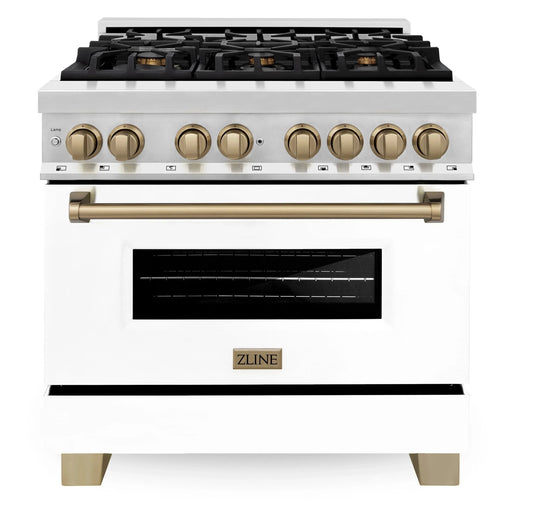 ZLINE Autograph Edition 36-Inch 4.6 cu. ft. Dual Fuel Range with Gas Stove and Electric Oven in Stainless Steel with White Matte Door and Champagne Bronze Accents (RAZ-WM-36-CB)