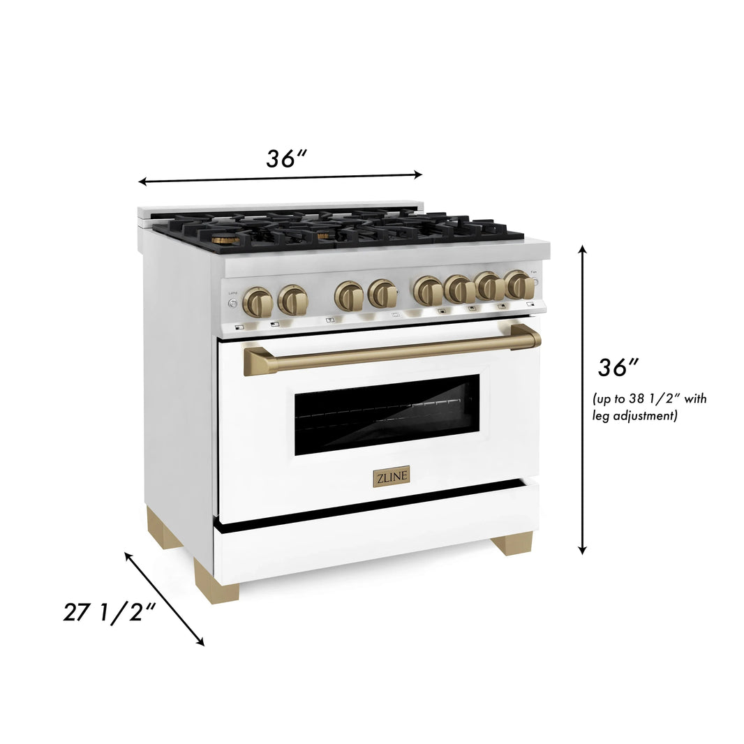 ZLINE Autograph Edition 36-Inch 4.6 cu. ft. Dual Fuel Range with Gas Stove and Electric Oven in Stainless Steel with White Matte Door and Champagne Bronze Accents (RAZ-WM-36-CB)