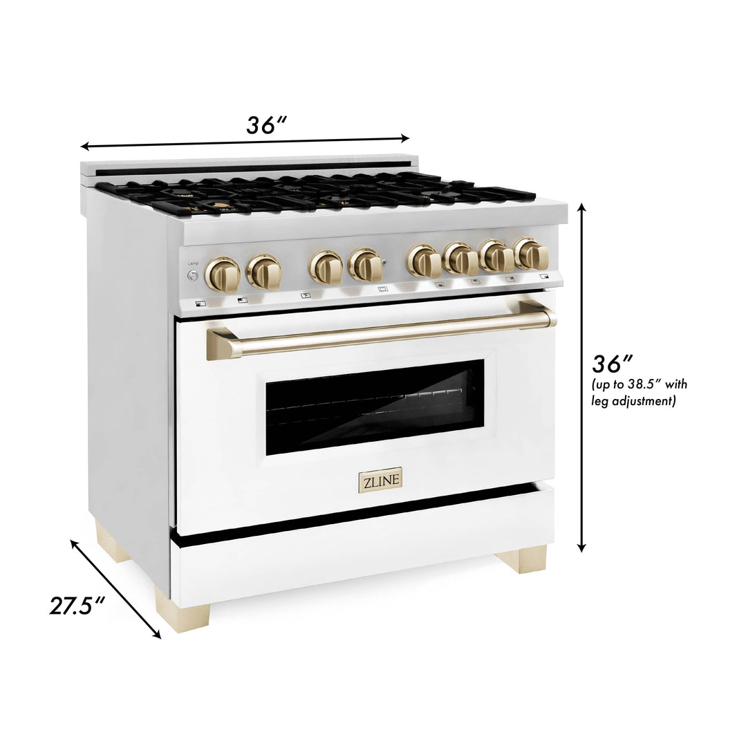 ZLINE Autograph Edition 36-Inch 4.6 cu. ft. Dual Fuel Range with Gas Stove and Electric Oven in Stainless Steel with White Matte Door and Gold Accents (RAZ-WM-36-G)