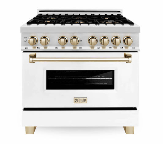 ZLINE Autograph Edition 36-Inch 4.6 cu. ft. Dual Fuel Range with Gas Stove and Electric Oven in Stainless Steel with White Matte Door and Gold Accents (RAZ-WM-36-G)