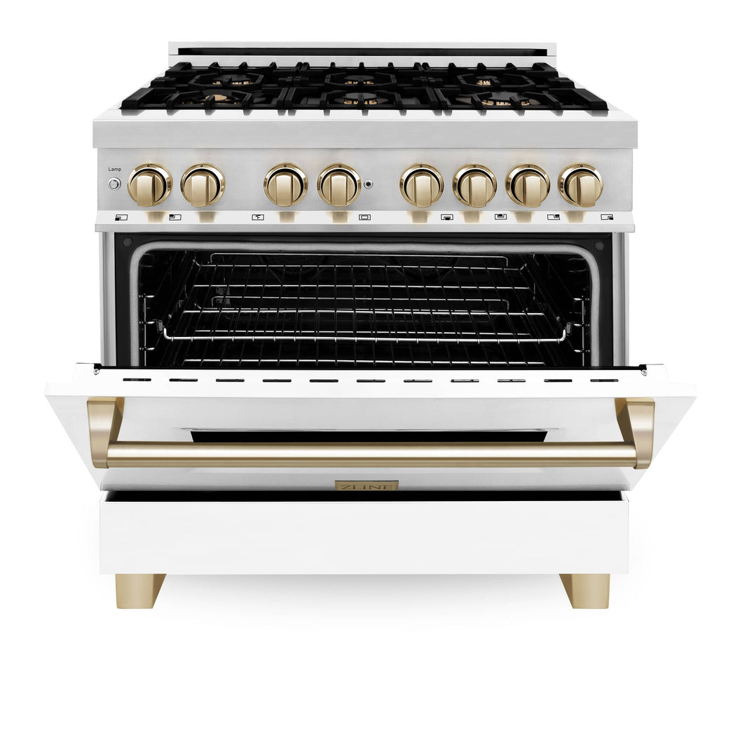 ZLINE Autograph Edition 36-Inch 4.6 cu. ft. Dual Fuel Range with Gas Stove and Electric Oven in Stainless Steel with White Matte Door and Gold Accents (RAZ-WM-36-G)