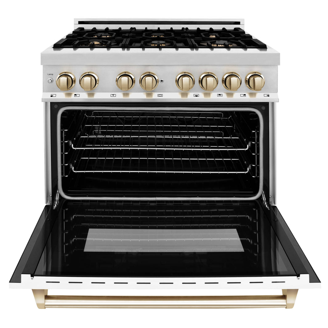 ZLINE Autograph Edition 36-Inch 4.6 cu. ft. Dual Fuel Range with Gas Stove and Electric Oven in Stainless Steel with White Matte Door and Gold Accents (RAZ-WM-36-G)