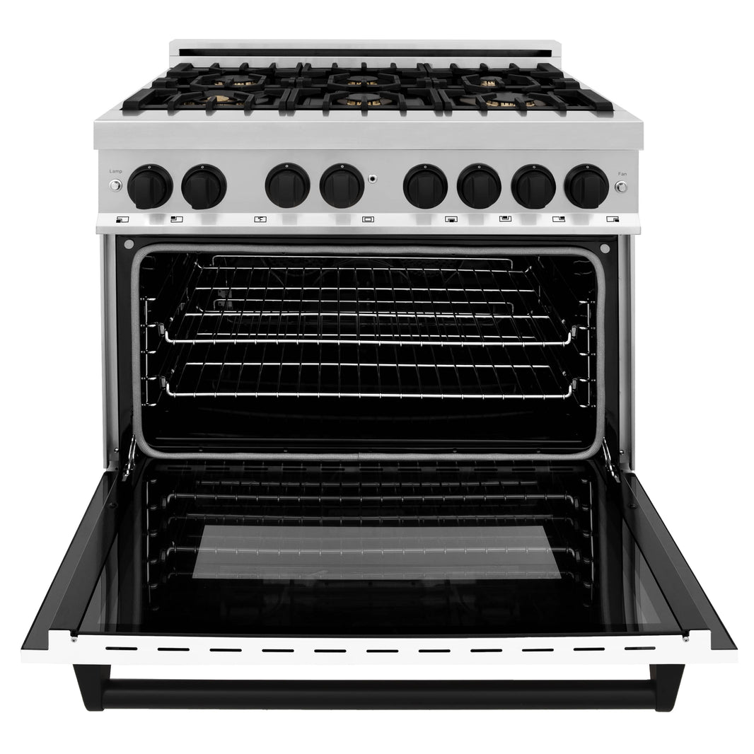 ZLINE Autograph Edition 36-Inch 4.6 cu. ft. Dual Fuel Range with Gas Stove and Electric Oven in Stainless Steel with White Matte Door and Matte Black Accents (RAZ-WM-36-MB)