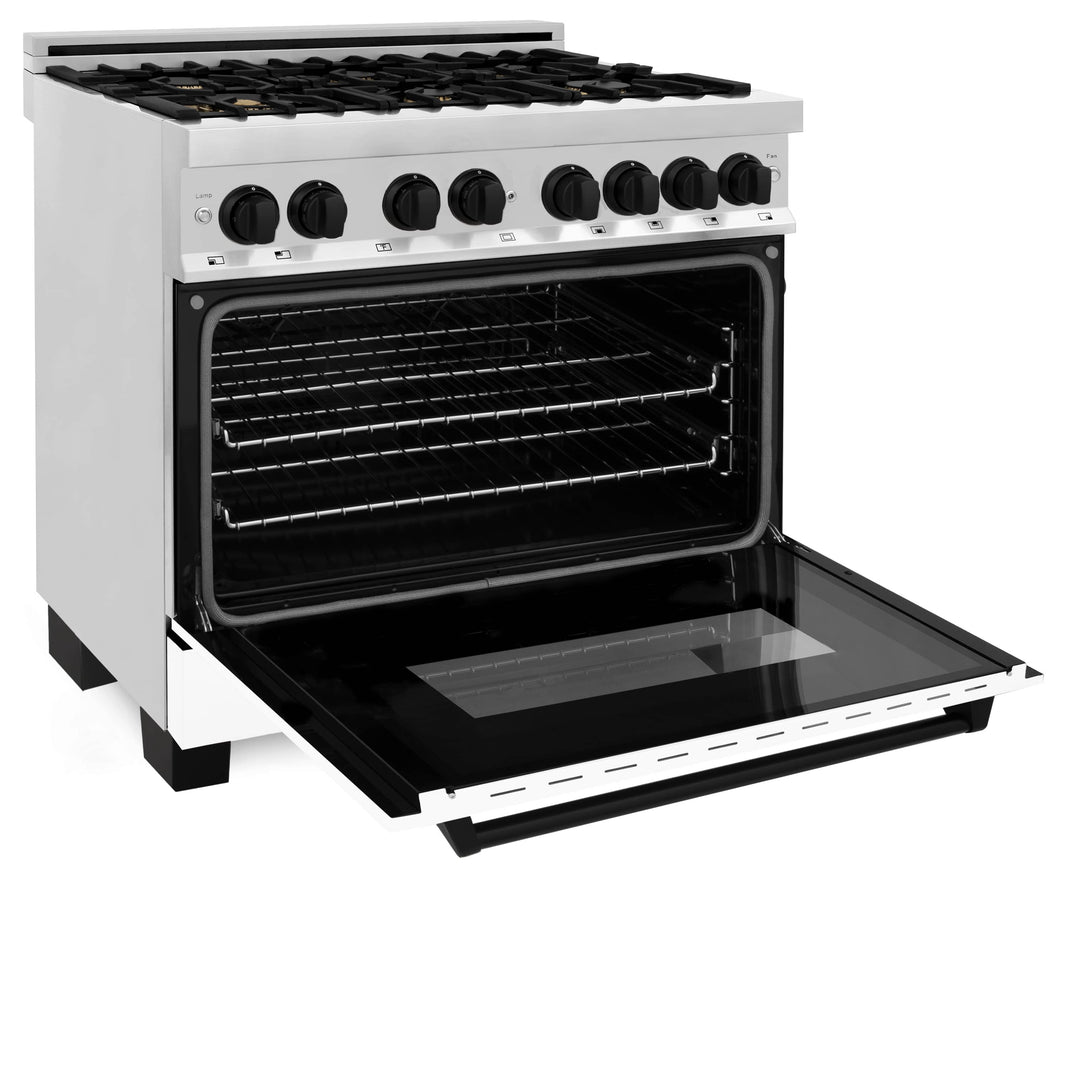 ZLINE Autograph Edition 36-Inch 4.6 cu. ft. Dual Fuel Range with Gas Stove and Electric Oven in Stainless Steel with White Matte Door and Matte Black Accents (RAZ-WM-36-MB)