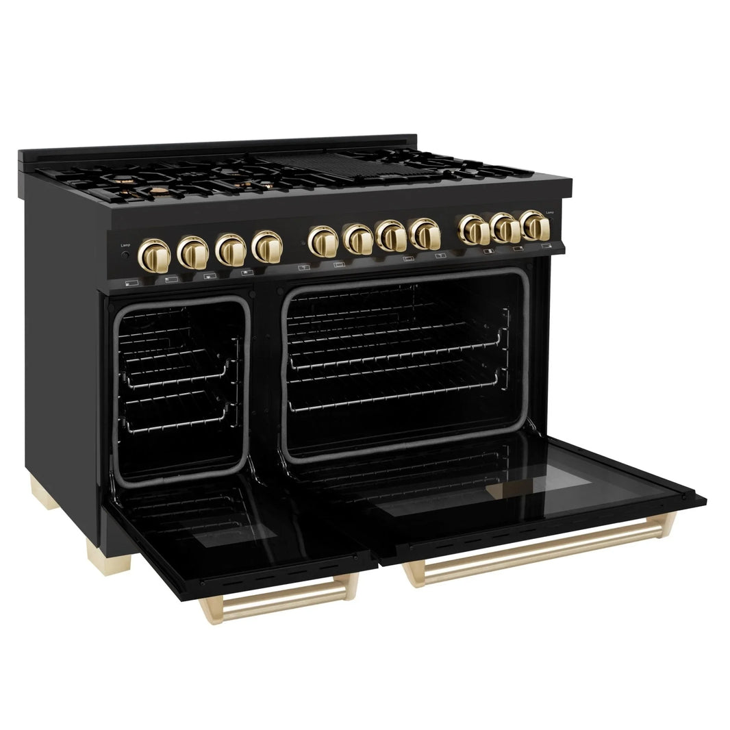 ZLINE Autograph Edition 3-Piece Appliance Package - 48" Dual Fuel Range, Wall Mounted Range Hood, & 24" Tall Tub Dishwasher in Black Stainless Steel with Gold Trim (3AKP-RABRHDWV48-G)