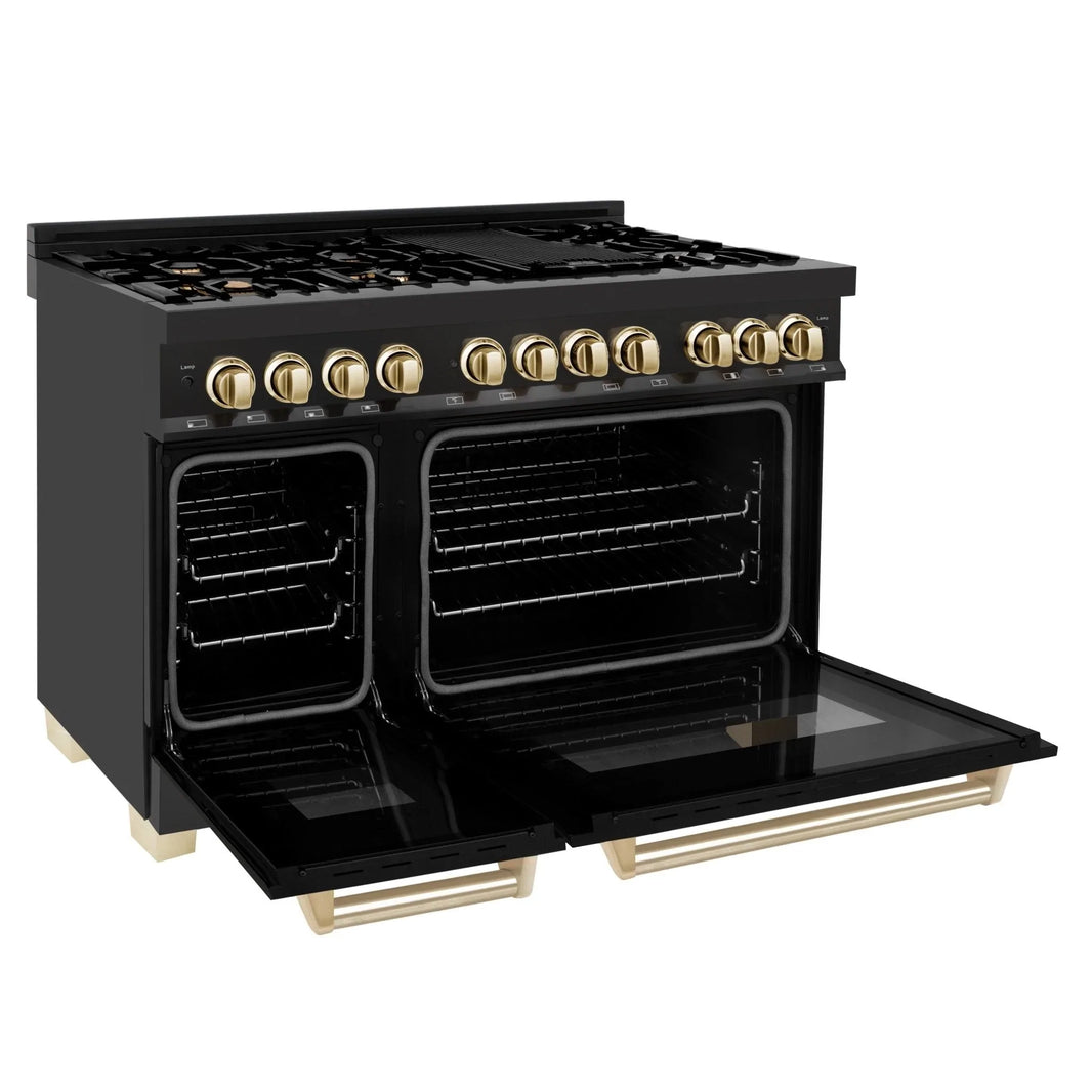 ZLINE Autograph Edition 4-Piece Appliance Package - 48" Dual Fuel Range, 36" Refrigerator with Water Dispenser, Wall Mounted Range Hood, & 24" Tall Tub Dishwasher in Black Stainless Steel with Gold Trim (4KAPR-RABRHDWV48-G)