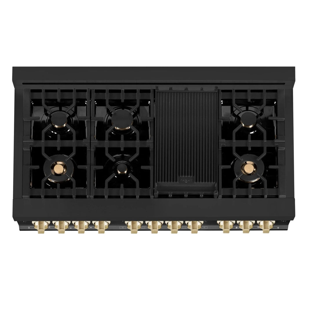 ZLINE Autograph Edition 3-Piece Appliance Package - 48" Dual Fuel Range, Wall Mounted Range Hood, & 24" Tall Tub Dishwasher in Black Stainless Steel with Gold Trim (3AKP-RABRHDWV48-G)